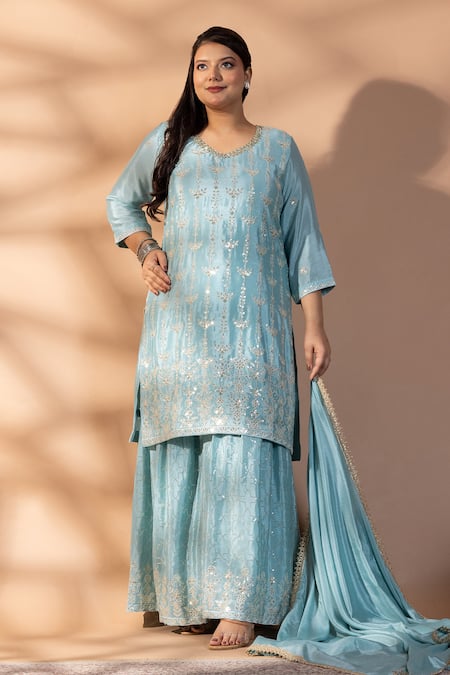 Mamicha_Aqua Chiffon Embroidery, Sequins, Lace, Zari V-neck Kurta Set _at_Aza_Fashions