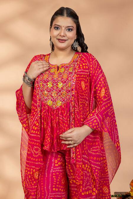 Mamicha_Magenta Georgette Embroidery, Mirrors Round Bandhani Print Kaftan And Pant Set _Online_at_Aza_Fashions