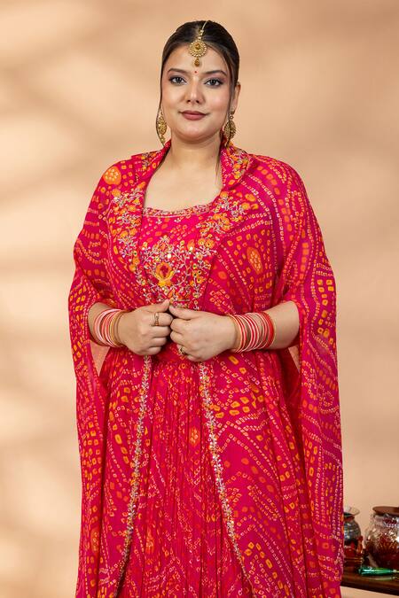 Buy_Mamicha_Magenta Georgette Embroidery Scoop Neck, Open Bandhej Kurta Pant And Cape Set _Online_at_Aza_Fashions