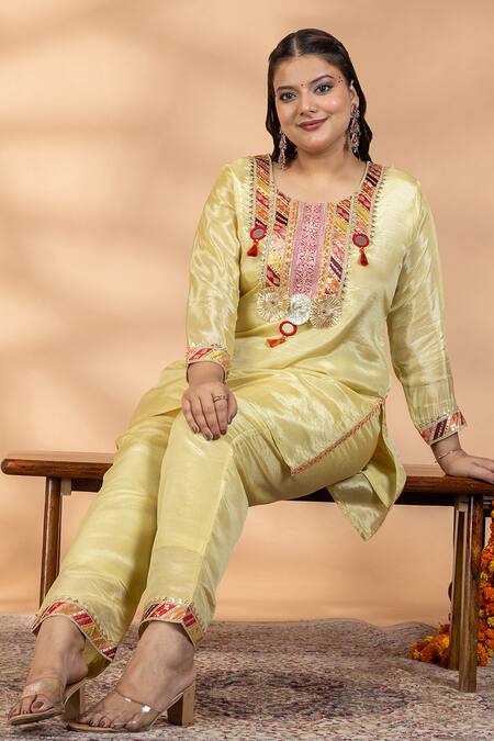 Buy_Mamicha_Green Chiffon Embroidery, Mirrors, Tassels Round Neck Work Kurta And Pant Set _Online_at_Aza_Fashions