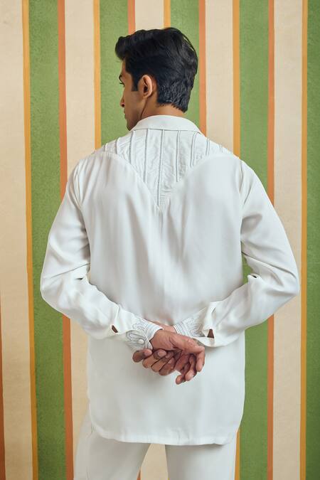 Orthodox_White Satin Embroidery Refined Echo Tonal Shirt _at_Aza_Fashions