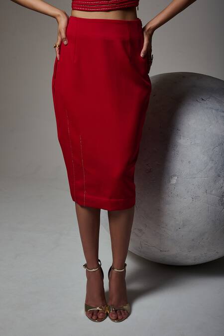 Orthodox Red Crepe Embroidery Sculpted Contour Midi Pencil Skirt Online at Aza Fashions Orthodox_Red Crepe Embroidery Sculpted Contour Midi Pencil Skirt _Online_at_Aza_Fashions