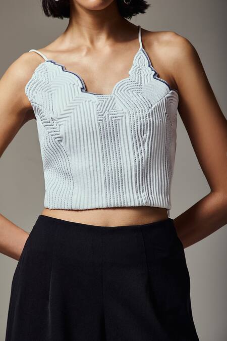 Buy_Orthodox_White Crepe Embroidery Sweetheart Neck, Asymmetric Textured Horizon Crop Top _Online_at_Aza_Fashions