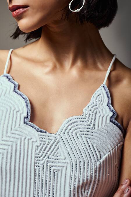 Shop_Orthodox_White Crepe Embroidery Sweetheart Neck, Asymmetric Textured Horizon Crop Top _Online_at_Aza_Fashions