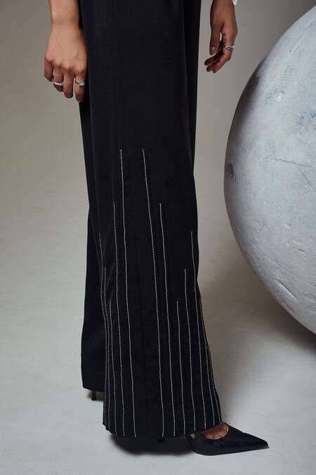 Orthodox_Black Crepe Embroidery Flow Stripes Wide Legged Pant _Online_at_Aza_Fashions