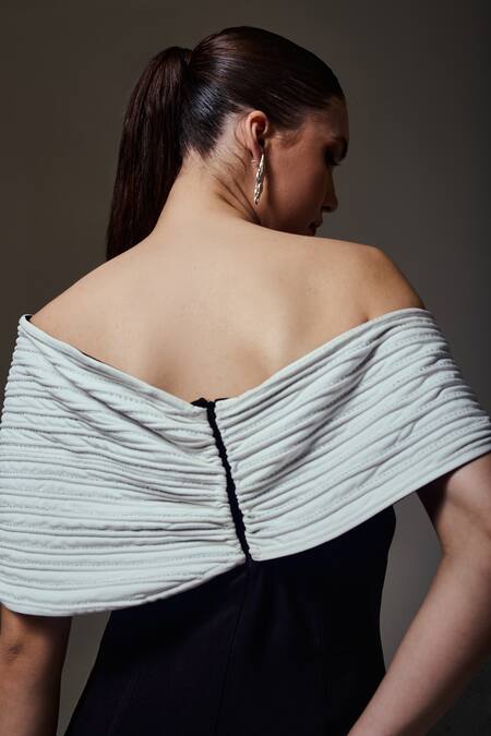 Buy_Orthodox_Black Crepe Embroidery Off-shoulder Luxe Spiral Fluid Gown _Online_at_Aza_Fashions