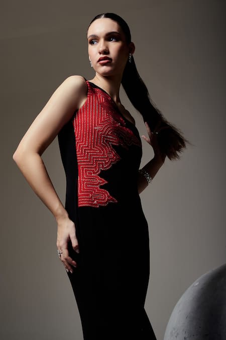 Orthodox_Black Crepe Embroidery One Shoulder Luxe Contour Gown _Online_at_Aza_Fashions