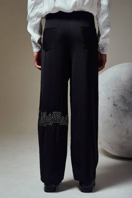 Orthodox_Black Crepe Embroidery Echoed Stride Trouser _Online_at_Aza_Fashions