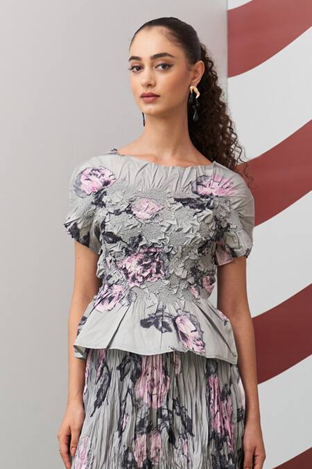 Pleats By Aruni_Gray Crepe Boat Neck Grey Jasmine Print Top And Skirt Set _Online_at_Aza_Fashions