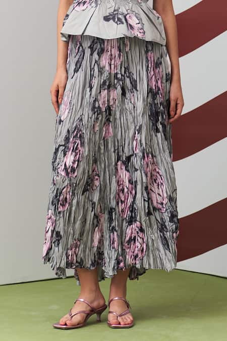 Shop_Pleats By Aruni_Gray Crepe Boat Neck Grey Jasmine Print Top And Skirt Set _Online_at_Aza_Fashions