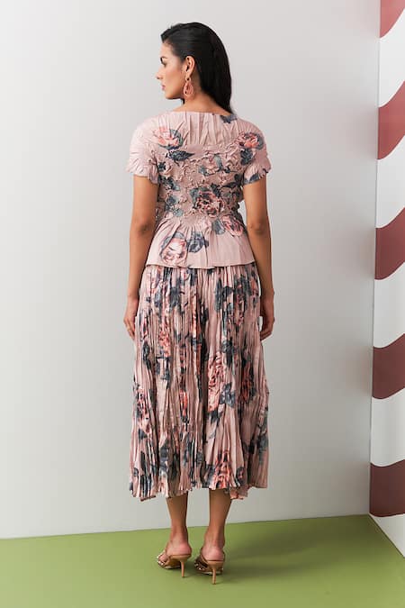 Pleats By Aruni Peach Jasmine Print Top & Skirt Set 