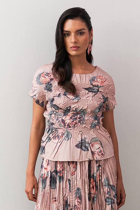 Buy_Pleats By Aruni_Peach Crepe Round Neck Jasmine Print Top And Skirt Set _Online_at_Aza_Fashions