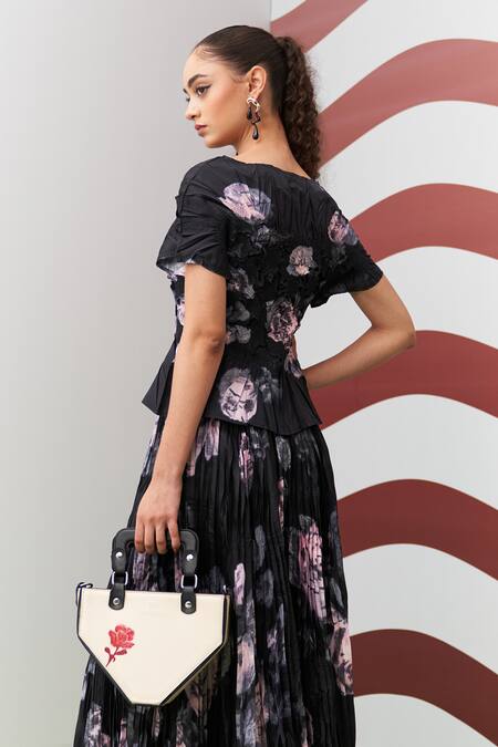 Buy_Pleats By Aruni_Black Crepe, Polyester Boat Neck Jasmin Printed Top And Skirt Set _Online_at_Aza_Fashions