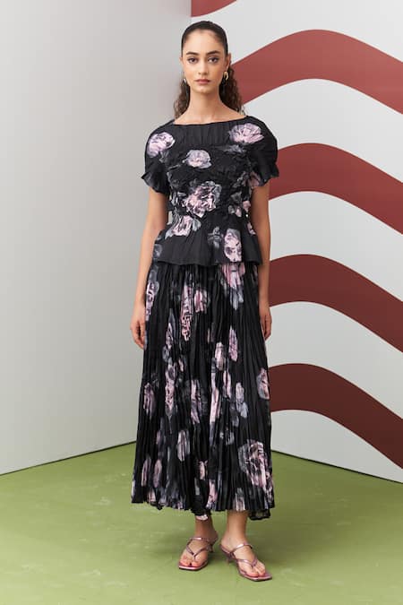 Pleats By Aruni Black Jasmin Printed Top & Skirt Set 