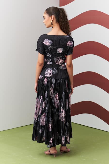 Pleats By Aruni Black Jasmin Printed Top & Skirt Set 