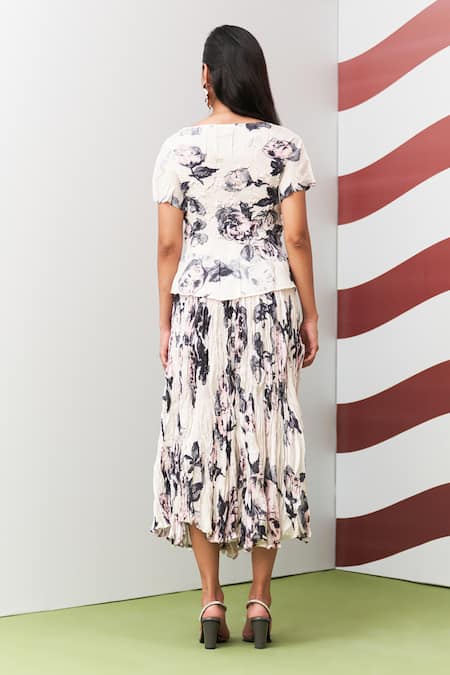 Pleats By Aruni White Jasmine Print Top & Skirt Set 