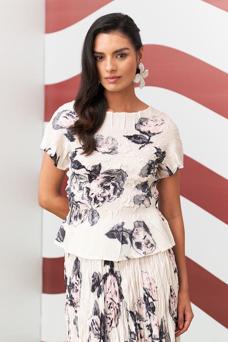 Pleats By Aruni_White Crepe Boat Neck Jasmine Print Top And Skirt Set _at_Aza_Fashions