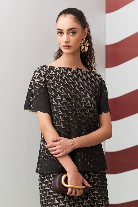 Shop_Pleats By Aruni_Black Crepe Boat Neck Beige Alto Pleated Skirt Set _Online_at_Aza_Fashions