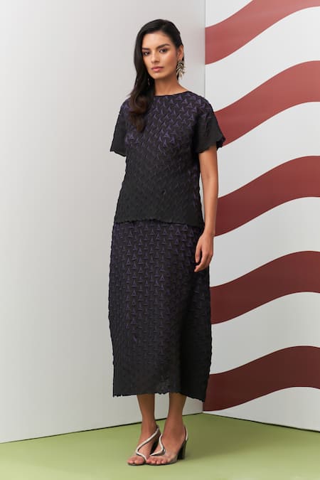 Pleats By Aruni Purple Black Alto 3D Pleated Top & Skirt Set 