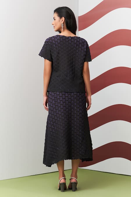 Pleats By Aruni Purple Black Alto 3D Pleated Top & Skirt Set 