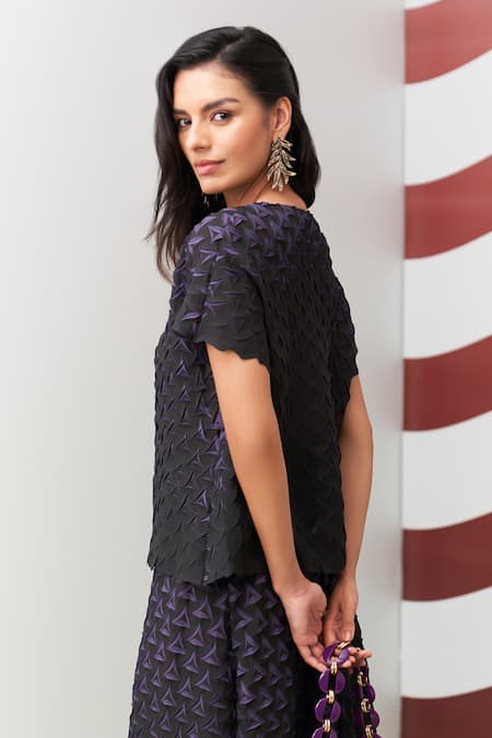 Shop_Pleats By Aruni_Purple Crepe Boat Neck Black Alto 3d Pleated Top And Skirt Set _Online_at_Aza_Fashions