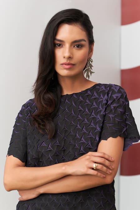 Pleats By Aruni_Purple Crepe Boat Neck Black Alto 3d Pleated Top And Skirt Set _at_Aza_Fashions