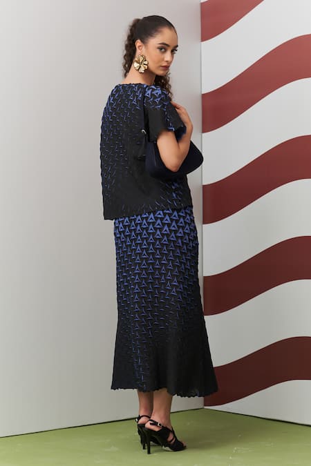 Pleats By Aruni Blue Black Alto Pleated Skirt Set 