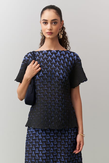 Buy_Pleats By Aruni_Black Crepe Boat Neck Blue Alto Pleated Skirt Set _Online_at_Aza_Fashions