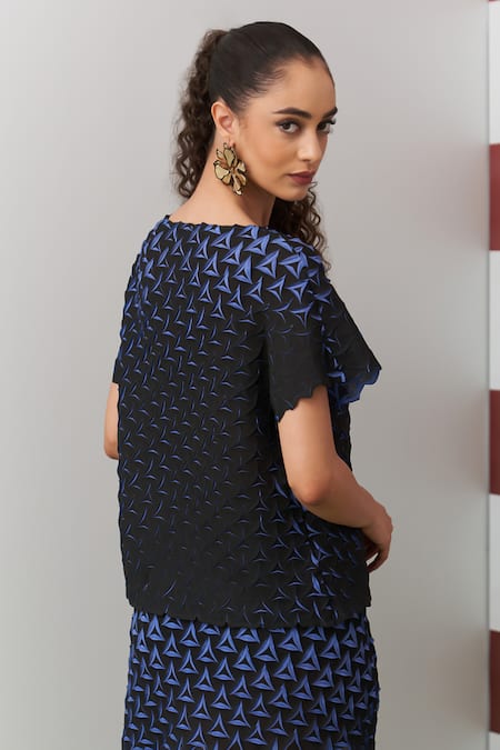 Shop_Pleats By Aruni_Black Crepe Boat Neck Blue Alto Pleated Skirt Set _Online_at_Aza_Fashions