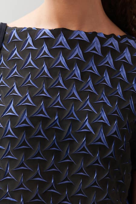 Pleats By Aruni_Black Crepe Boat Neck Blue Alto Pleated Skirt Set _at_Aza_Fashions