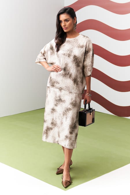 Pleats By Aruni Brown Antonia Printed Skirt Set 