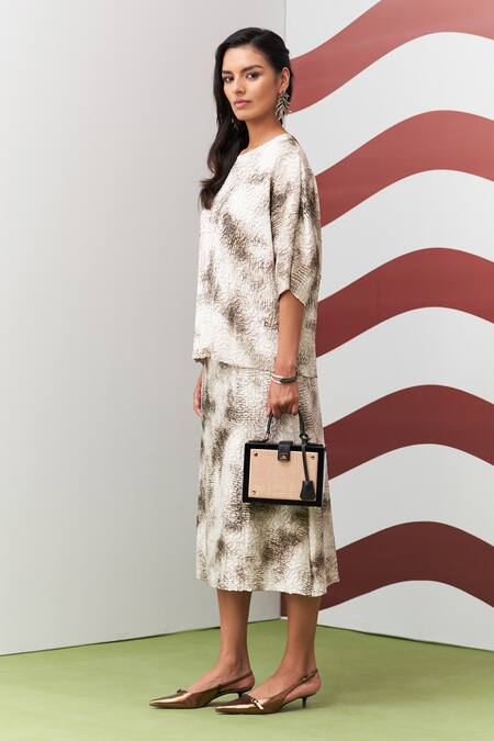 Buy_Pleats By Aruni_Brown Crepe, Satin Round Neck Antonia Printed Skirt Set _Online_at_Aza_Fashions
