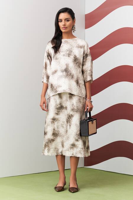 Shop_Pleats By Aruni_Brown Crepe, Satin Round Neck Antonia Printed Skirt Set _Online_at_Aza_Fashions