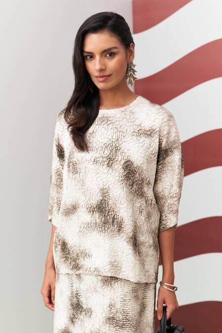 Pleats By Aruni_Brown Crepe, Satin Round Neck Antonia Printed Skirt Set _at_Aza_Fashions