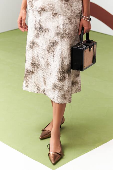 Buy_Pleats By Aruni_Brown Crepe, Satin Round Neck Antonia Printed Skirt Set 