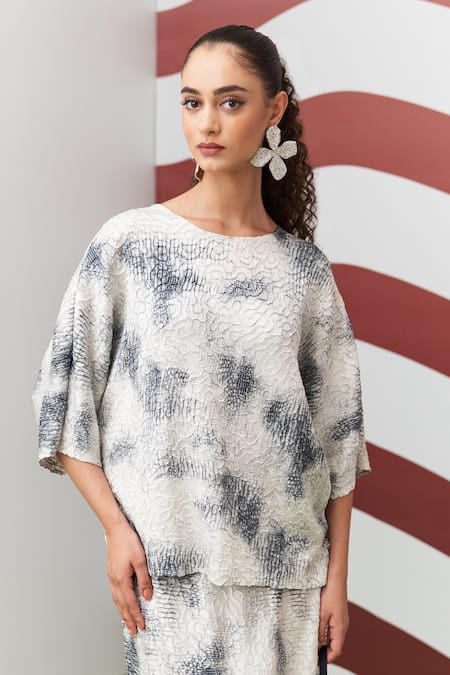 Pleats By Aruni_Gray Crepe, Satin Round Neck Grey Antonia Printed Top And Skirt Set _Online_at_Aza_Fashions