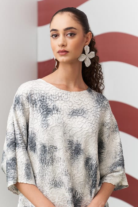 Buy_Pleats By Aruni_Gray Crepe, Satin Round Neck Grey Antonia Printed Top And Skirt Set _Online_at_Aza_Fashions