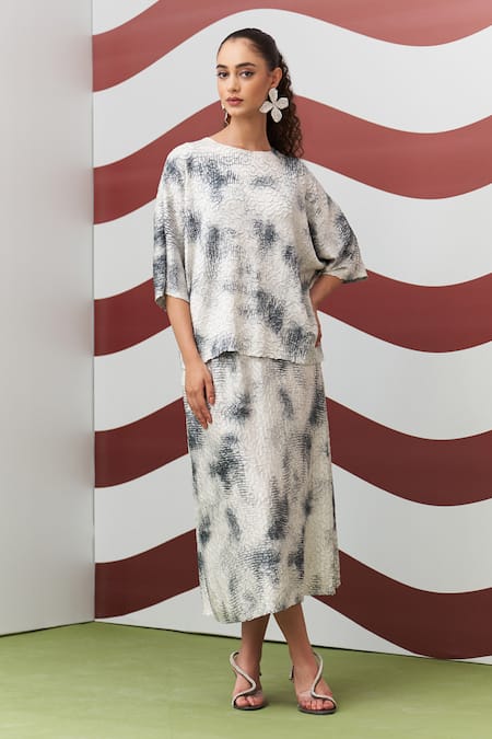 Buy_Pleats By Aruni_Gray Crepe, Satin Round Neck Grey Antonia Printed Top And Skirt Set 