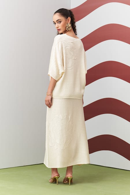 Pleats By Aruni Ivory Anabel Textured Embroidered Skirt Set 