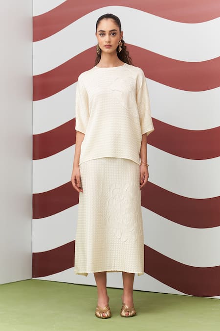 Pleats By Aruni Ivory Anabel Textured Embroidered Skirt Set 