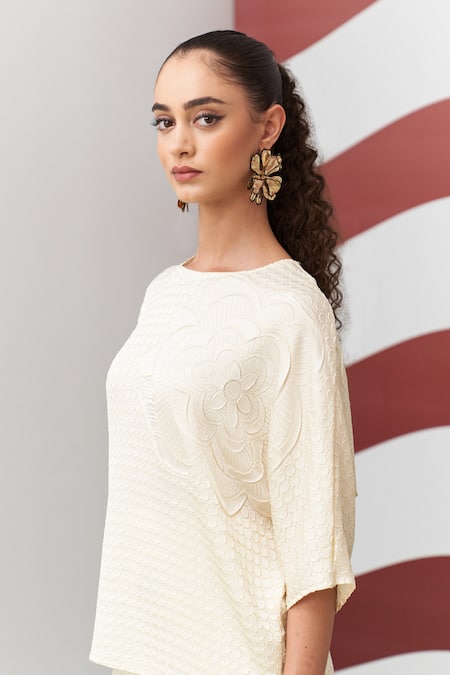 Buy_Pleats By Aruni_Ivory Crepe, Satin Embroidery Round Neck Anabel Textured Skirt Set_Online_at_Aza_Fashions