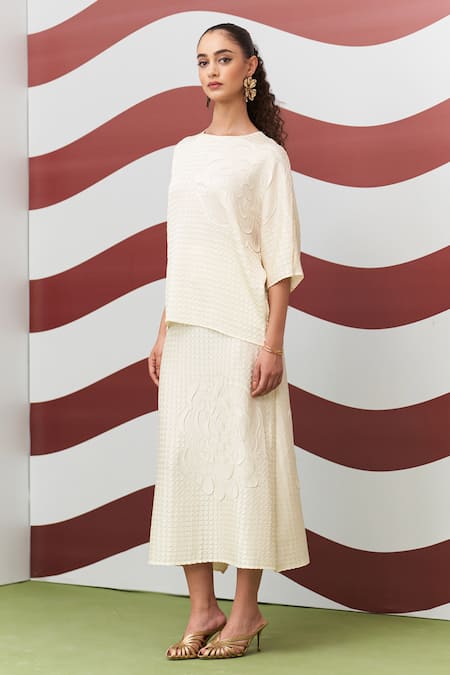 Shop_Pleats By Aruni_Ivory Crepe, Satin Embroidery Round Neck Anabel Textured Skirt Set_Online_at_Aza_Fashions