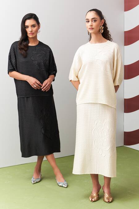 Pleats By Aruni_Ivory Crepe, Satin Embroidery Round Neck Anabel Textured Skirt Set_at_Aza_Fashions