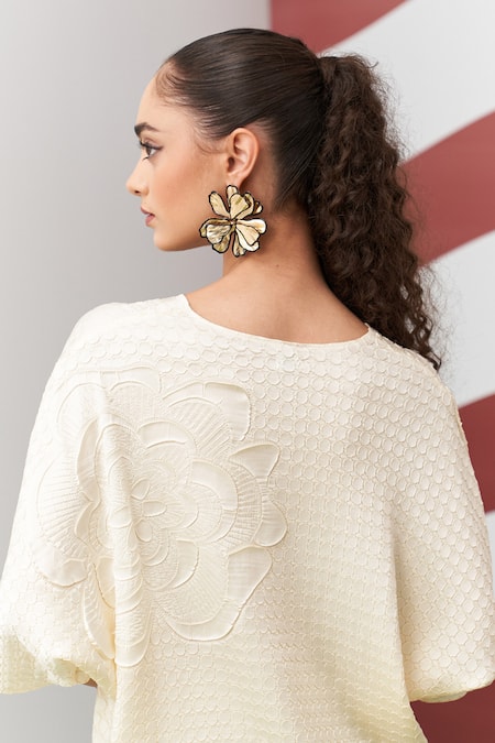 Shop_Pleats By Aruni_Ivory Crepe, Satin Embroidery Round Neck Anabel Textured Skirt Set