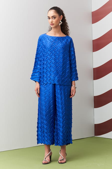 Pleats By Aruni Blue Chibas 3D Pleated Top & Pant Set 