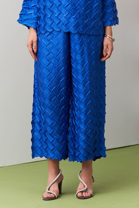 Buy_Pleats By Aruni_Blue Crepe, Satin Boat Neck Chibas 3d Pleated Top And Pant Set _Online_at_Aza_Fashions