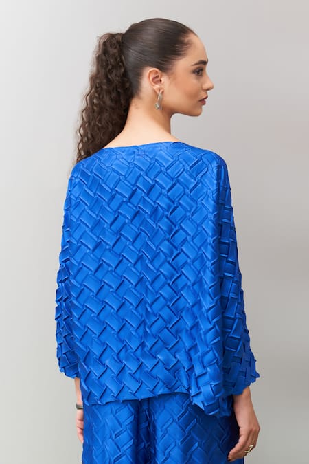 Shop_Pleats By Aruni_Blue Crepe, Satin Boat Neck Chibas 3d Pleated Top And Pant Set _Online_at_Aza_Fashions