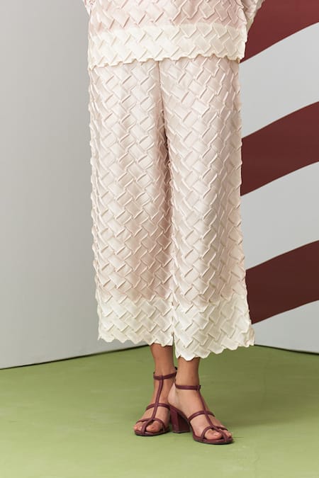 Pleats By Aruni_Ivory Crepe, Satin Boat Neck Chibas 3d Pleated Top And Pant Set _Online_at_Aza_Fashions