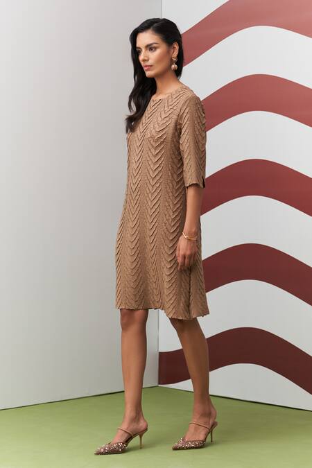 Pleats By Aruni_Beige Crepe, Satin Round Neck Avanya Dress _Online_at_Aza_Fashions