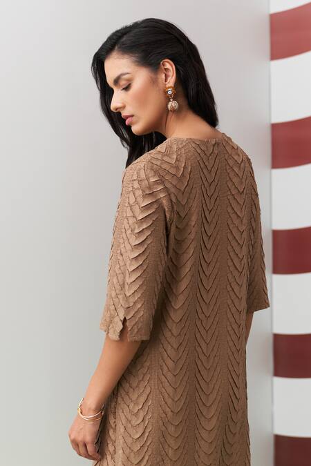 Buy_Pleats By Aruni_Beige Crepe, Satin Round Neck Avanya Dress _Online_at_Aza_Fashions